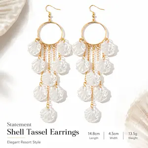 Sparkling Statement Shell Earrings with Gold Tassels and Pearls, Long 14.8 cm Lightweight Dangle Style with Beachy Elegance for Women
