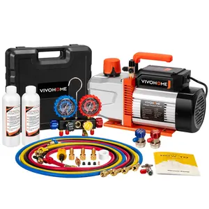 VIVOHOME VG Series AC Vacuum Pump and Gauge Set, 1.5 HP 14.4CFM 2 Stage HVAC Vacuum Pump and 4 Way Manifold Gauge Kit with 5ft Hoses for R134a R12 R22 R502 R410a Auto HVAC Systems Commercial Use Air Conditioning Portable