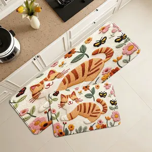 Adorable Cat Embroidered Print Kitchen Rug, Non-Slip Long Strip Mat, Home Cartoon Absorbent Foot Pad, Living Room Bedroom Entrance