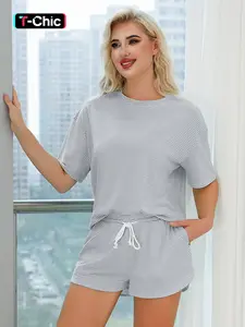 2-Piece Summer Set, Loose-Fit Striped Knitted Top & Drawstring Shorts, Casual Outdoor Wear, Beach & Home, All-Season Fashion, Loungewear, Womenswear