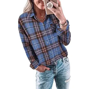 FMEYOA Womens Long Sleeve Button Down Shirt Casual Plaid Flannel Shirt Collared Blouse Tops