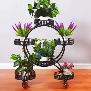 CNCEST 4-Tier Black Iron Plant Stand with Universal Wheels Multi-Tier Indoor/Outdoor Metal Plant Rack for Potted Plants and Decorative Display