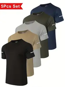 Men's Sport Quick-Dry Short Sleeve T-Shirt Set of 5, Pure Color Round Neck Training Top, Breathable Fast Drying, Gym Essential