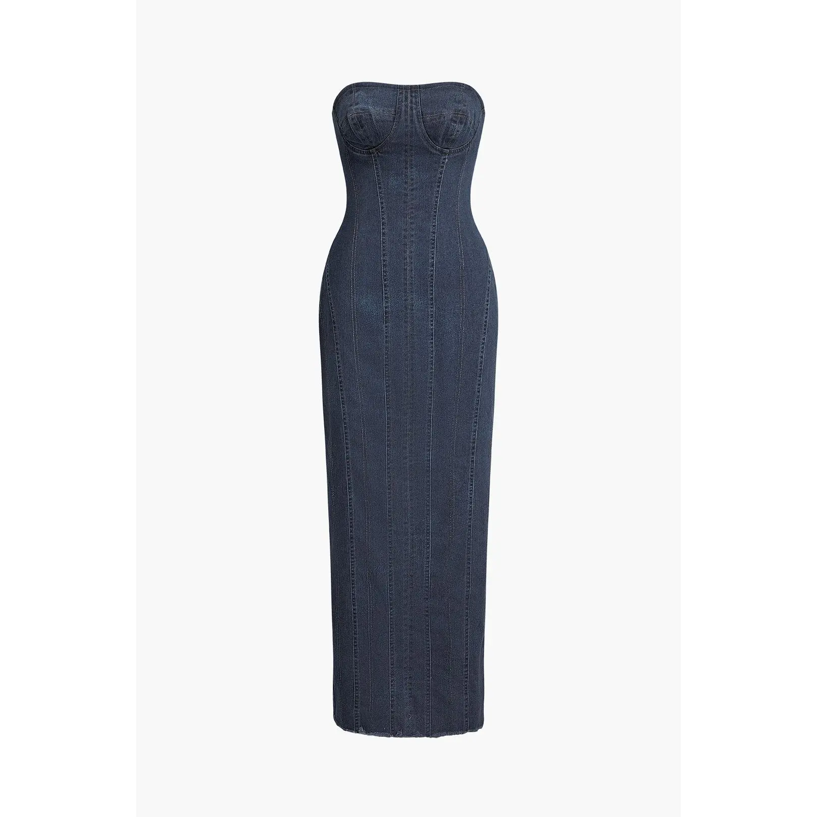Seam Detail Zipper Slit Denim Strapless Maxi Dress - TikTok Shop