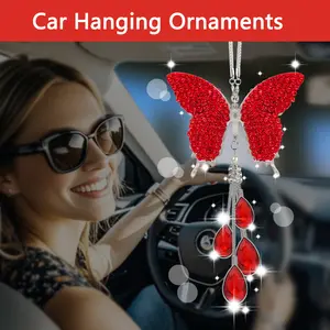 Butterfly Crystal Car Mirror Pendant with Pearl & Tassel - 29cm Adjustable Chain, 6 Colors (Red, Blue, Pink, Purple) | Elegant Auto Accessory for Her Butterfly Decor