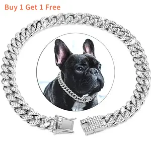[Buy 1 Get 1 Free] Pet Dog Collar Cuban Link Chain Dog Leash Full Diamond Necklace Lock Golden Silver