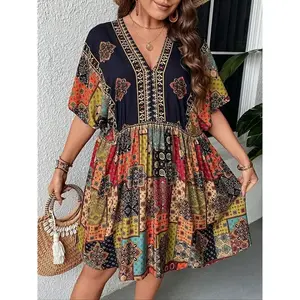 Plus-size V-neck dress, suitable for curvy women, bohemian style for holiday parties, loose fit, comfortable in summer GARMENTARY