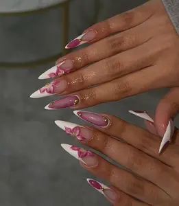 Elegant Orchid Bloom Press On Nails | White French Stiletto | 3D Floral Accent| Elegant Pink & White Nail Art | Handmade Nail
