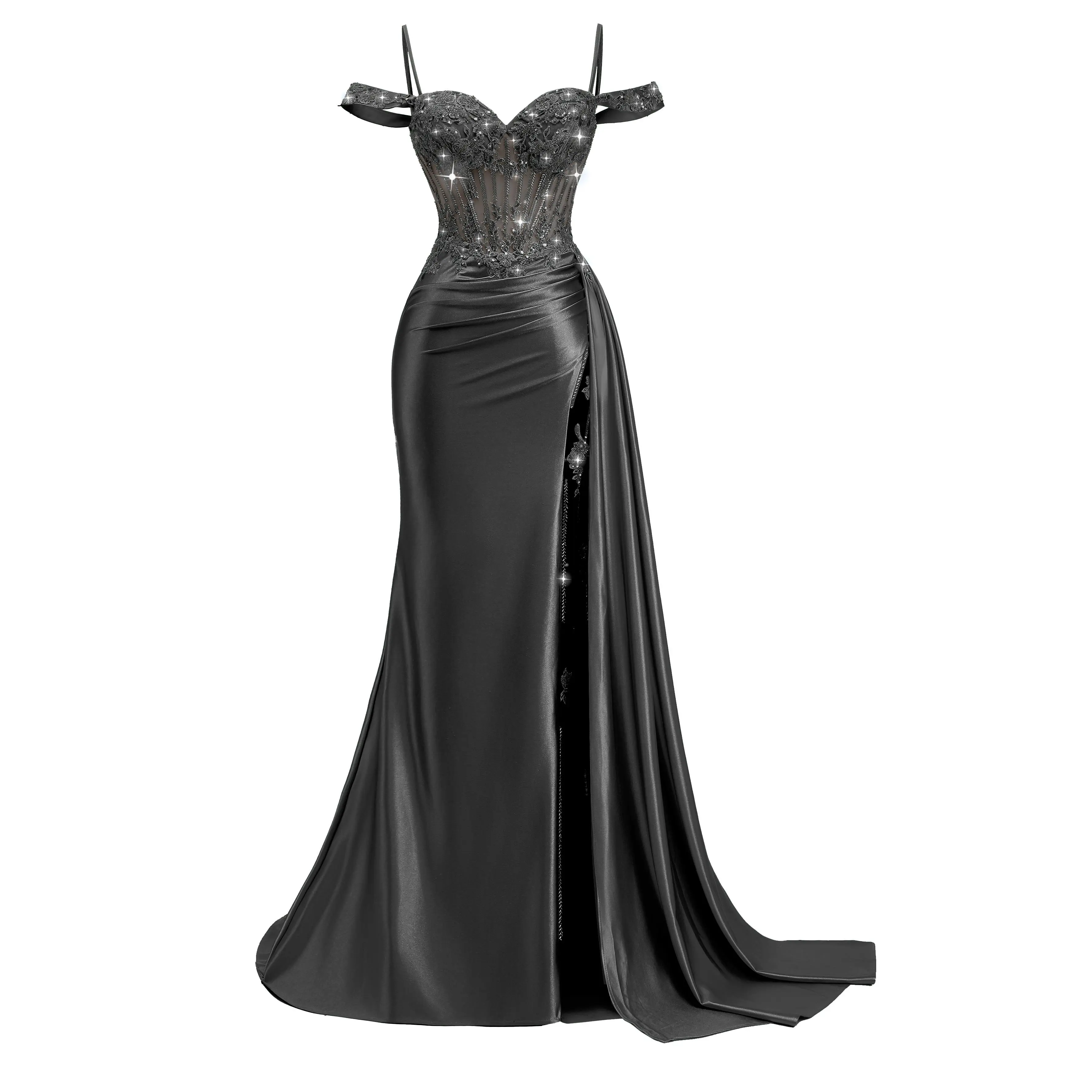 Women's Satin Prom Dresses Long Off Shoulder Formal Dresses Slit Mermaid Lace Beaded Evening Gown with Tail,Normal Type,Lace up back, Ladies Clothes for All Seasons