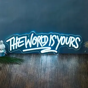 "The World Is Yours LED Neon Sign - Cool White Plastic Light with Blue Background, Durable LED Strips, Modern Novelty Lighting, Light-Up Novelty Lighting for Room Decor"