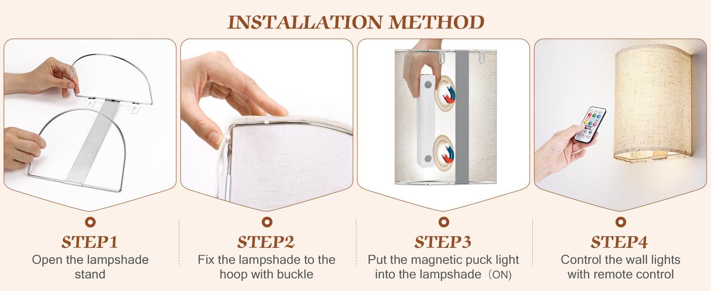 Battery Operated Wall Sconce: Wireless Wall Sconces Set of Two Magnetic Lamp Rechargeable Lights Dimmable with 16 RGB Colors Fabric Linen Shade with Remote Walls Decor for Bedroom Living Room