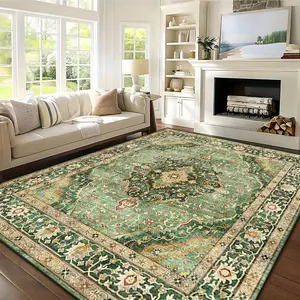 1pc Green Ornate Rug with Intricate Floral and Geometric Patterns Summer Area Rug Carpet Soft Absorbent Anti-Slip Washable & Easy to Clean Durable Quick-dry Patio Rug for Entryway Hallway Living Room Bedroom Entrance Door