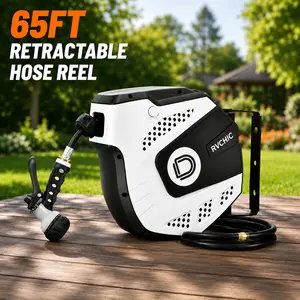 RVCHIC 65FT Auto Rewind Garden Hose Reel, Wall Mounted Retractable Water Hose with 5FT Leader Hose, Slow Return System, 180° Swivel Bracket, 9-Pattern Spray Nozzle, Heavy Duty Hose Reel for Car Wash, Yard, Patio & Garden