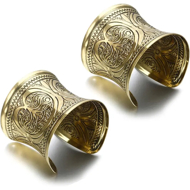 Women's 2-Piece Adjustable Cuff Wristbands - Vintage Ethnic Wide Carved Designs Gold-Tone Zinc Alloy Chunky Female Open Cuff Bracelets for Birthday, Christmas