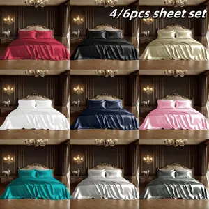 Luxurious Satin Bedding Set 4/6 Pieces, Standard Size, Soft and Silky Bed Sheet Set with Duvet Cover and Pillowcases, Machine Washable, Solid Color, Polyester Fiber, 80-85g/m², Bed Skirt Height 13.78- 15.35inch , Suitable for All Seasons, No Print, Jacqua