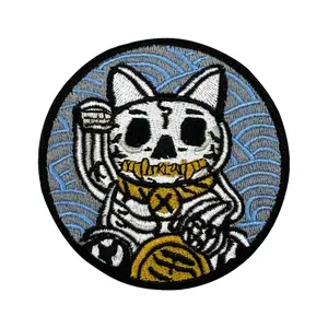 Skeleton Lucky Cat Embroidered Velcros Patch Funny Meme Hook & Loop Fastener Badge for Tactical Molle Backpack, Jacket, Caps