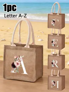 A-Z Red Bean & Floral Letter Print Linen Tote Bag, Letter Print Linen Handbag, Women's Fashion Linen Shopping Bag, Mini Beach Bag, Linen Tote Bag, Lunch Bag, Mom Bag, Holiday Storage Bag, Teacher Portable Tote Bag, Suitable For Shopping Tote, Lunch Bag
