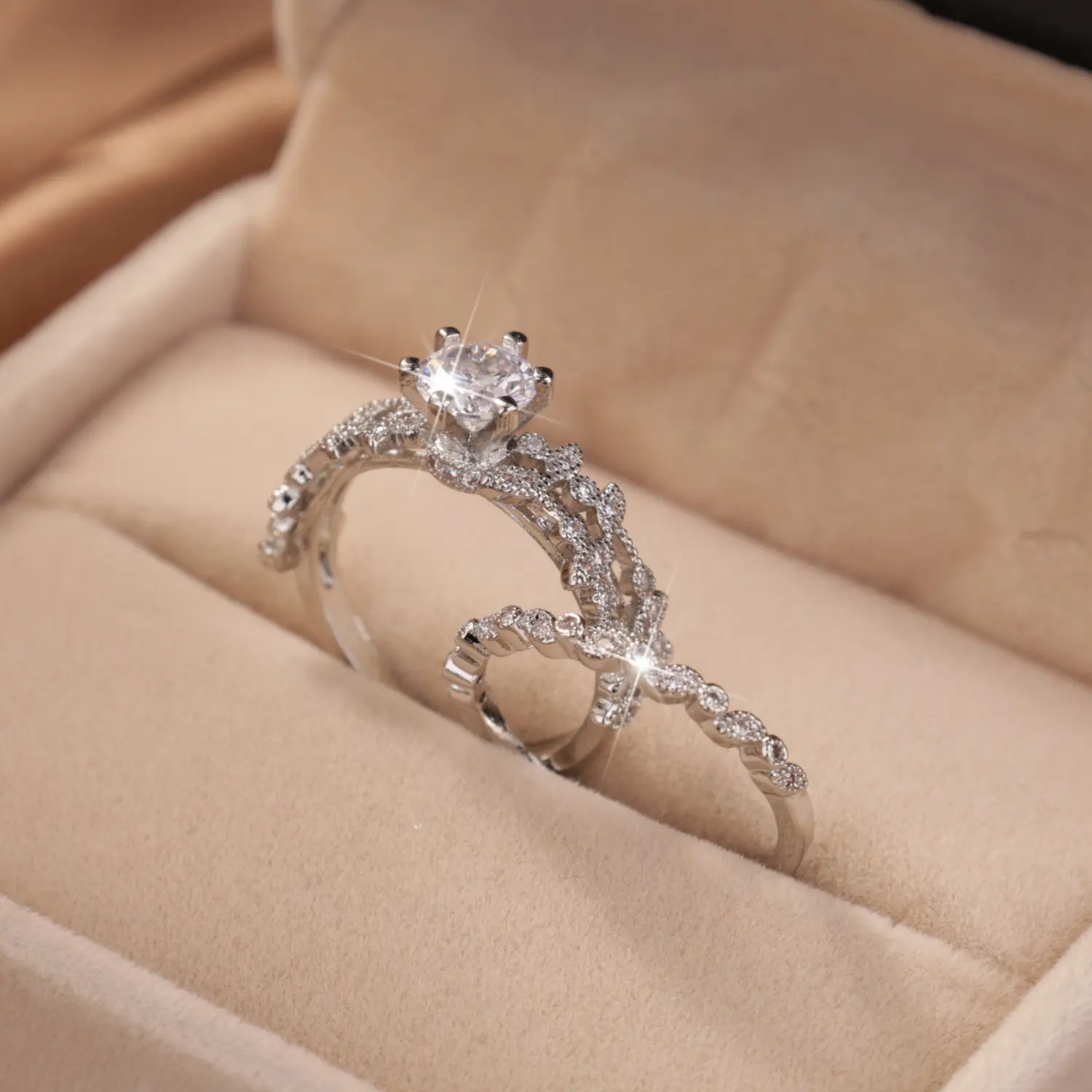 Two-piece Sparkling Zircon Full Diamond Wedding Party Ring Copper Platinum Plated Female Male Ring