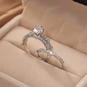 Two-piece Sparkling Zircon Full Diamond Wedding Party Ring Copper Platinum Plated Female Male Ring