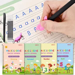 4 Pcs Magic Grooved Practice Copybook, Reusable Writing Magic Book, Grooved Handwriting Workbooks, Large Practice Scribe Book Set for Kids Preschool Calligraphy Learning Number Letter Math Drawing Tracing Books