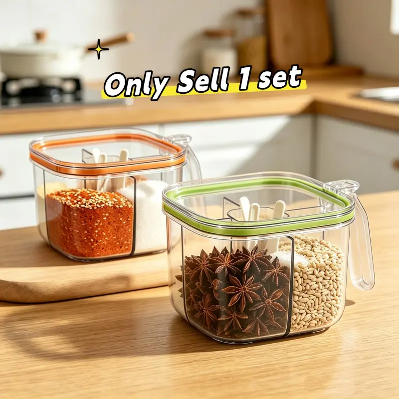 1pc Seasoning Box with Lid and Handle Household Spice Box, Plastic Seasoning Container, Kitchen Spice Set 4-In-1, Sealed Moisture-Proof Storage Box, Chili Salt Jar, Spice Containers