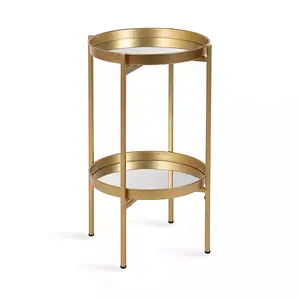 Round Gold Mirrored Foldable Accent Table with Removable Trays and Lower Shelf for Small Spaces 15.25x15.25x26 Inches