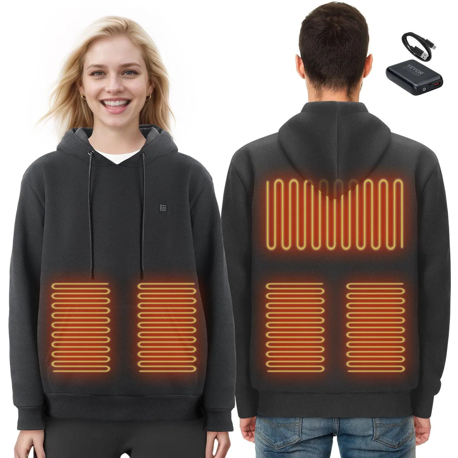 VEVOR Heated Fleece Hoodie Tops - Unisex Long Sleeve Cotton Zipper Sweatshirt with Battery, S-XXXL Size Black, Christmas Gift