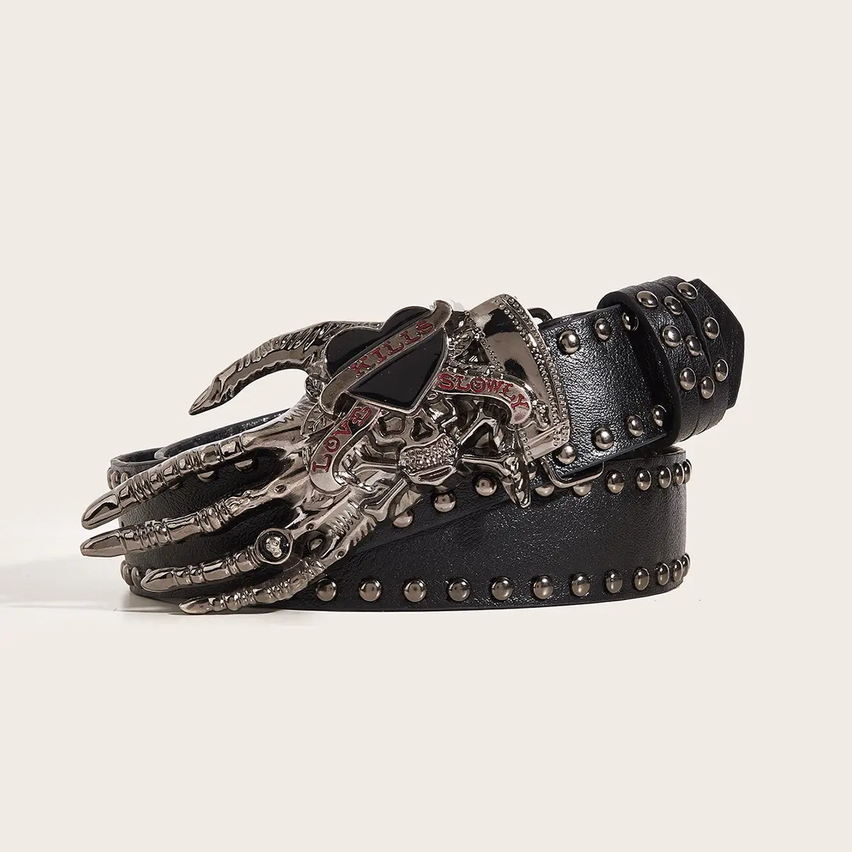 Punk Skeleton Hand Studded Leather Belt - Gothic "Love Kills Slowly" Waist Belt