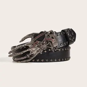 Punk Skeleton Hand Studded Leather Belt - Gothic "Love Kills Slowly" Waist Belt