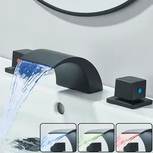 Senlesen Matte Black LED Bathroom Faucets for Sink 3 Hole, Modern Waterfall Bathroom Faucets, 8 Inch Widespread Sink Vanity Faucet 2 Handle Mixer Taps