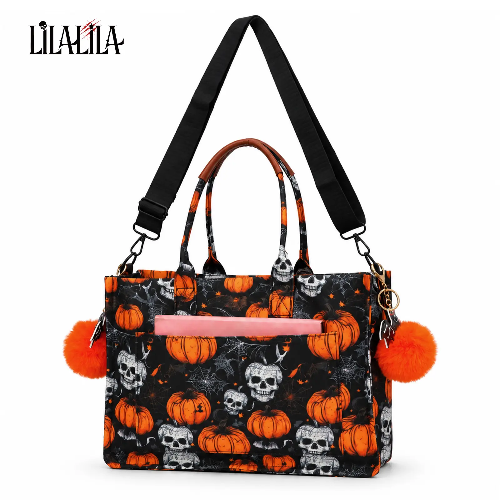LILALILA Gothic Tote Bag, Halloween Skull Pumpkin Print Tote Bag, Gothic Spooky Web Large Capacity Shoulder Handbag with Pom Pom Charm, Multi-purpose Crossbody Bag