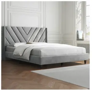 Full Size Upholstered Platform Bed Frame with Tufted Headboard, Light Gray, Adult