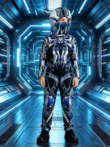 Blue Silver Block Mech Style Bodysuit with Matching Mask, Futuristic Sci-Fi Costume for Parties, Stage Performances, Cosplay