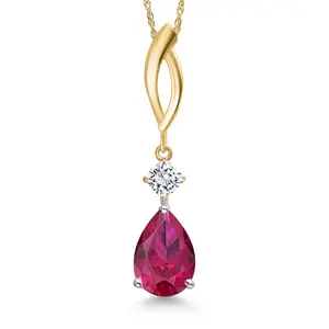 Gem Stone King 925 Silver and 10K Yellow Gold Red Created Ruby and White Moissanite Pendant Necklace for Women | 2.42 Cttw | Gemstone July Birthstone | Pear Shape 10X7MM | With 18 Inch Chain
