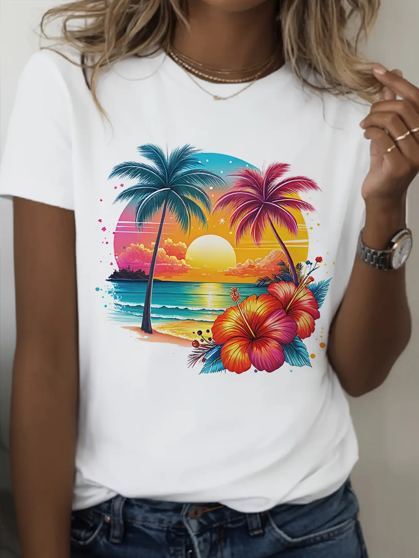 Women'S Tropical Beach T-Shirt - Soft & Breathable Summer Tee with Palm Trees, Hibiscus Flowers - Relaxed Fit Casual Vacation Shirt in White for Women - Machine Washable Everyday Summer Outfits, Vibrant Print Top, Sunset Graphic Shirt