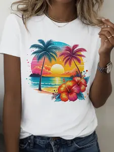 Women'S Tropical Beach T-Shirt - Soft & Breathable Summer Tee with Palm Trees, Hibiscus Flowers - Relaxed Fit Casual Vacation Shirt in White for Women - Machine Washable Everyday Summer Outfits, Vibrant Print Top, Sunset Graphic Shirt