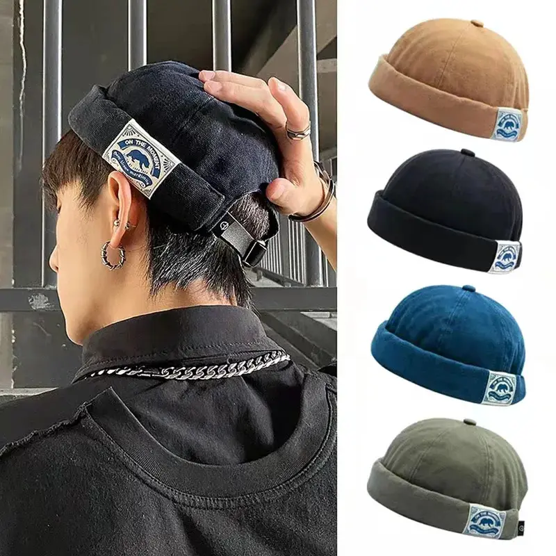 Retro Cotton Docker Cap - Adjustable Brimless Skullcap, Hip Hop Streetwear Melon Hat for Men, Adjustable Cap