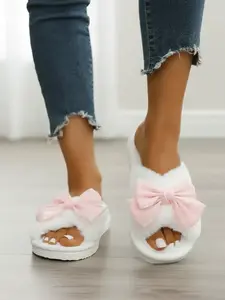 Women's Cute Bowknot Design Plush Slippers, Casual Soft Comfortable Home Slippers, Fuzzy Warm Slippers for Indoor & Outdoor Use for Fall & Winter, Footwear