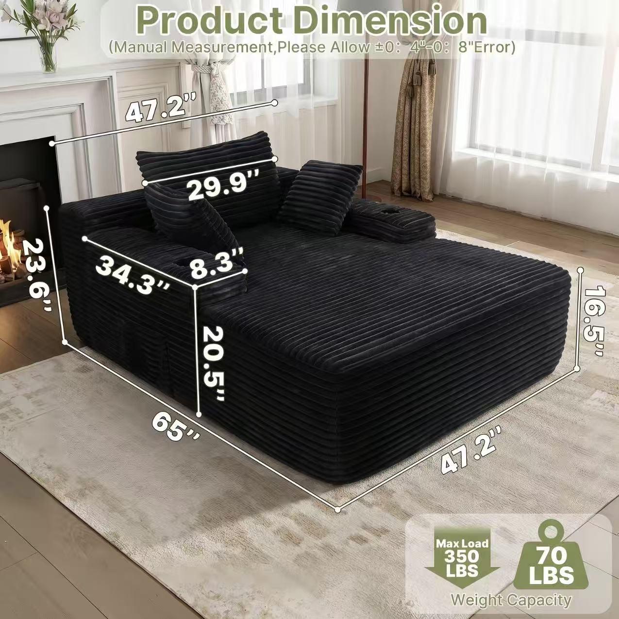 Beige Corduroy Fluffy Minimalist Oversized Boneless Cloud Modular Sectional Sofa - Fixed Arms, High-Density Foam, Built-in Storage, Cup Holder, Side Pockets, Tool-Free Setup, Included Pillows, Comfy Bean-Bag Feel, Apartment Use