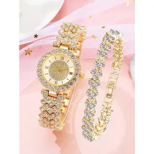 2-Piece Women’s Crystal Watch & Bracelet Set – Sparkle Elegance. 1 sleek alloy crystal quartz watch + 1 matching bracelet, unified design shines with shimmering crystals and premium alloy texture.