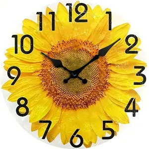 10 Inch Round Silent Non-Ticking Wall Clock with Sunflower Face & - Modern Minimalist for, Room, - Battery- (AA Not Included) - Elegant Decorative Timepiece for all Rooms, Easy