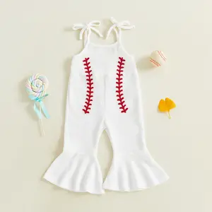 Imcute Kids Toddler Baby Girls Baseball Jumpsuits Embroidery Sleeveless Bell-Bottom Overalls Jumpsuit Summer Clothing 6M-4Y