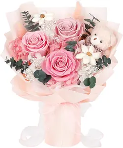 mother's day bouquet, Preserved Flowers Bouquet with Bear, 3 Real Forever Flowers for Delivery, Long-Lasting Pink Eteranl Roses Bouquet, Mothers Day Gifts for Mom Grandma, Anniversary Birthday Gifts for Women Girlfriend
