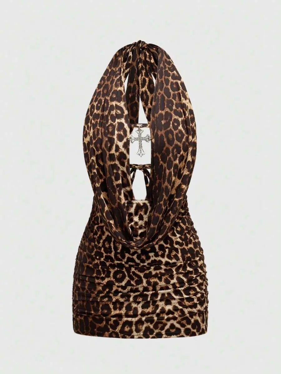 TNK x Grunge Punk Spring/Summer Carnival Party Leopard Sexy Leopard Print Cross Pendant Draped Neck Backless Mini Dress