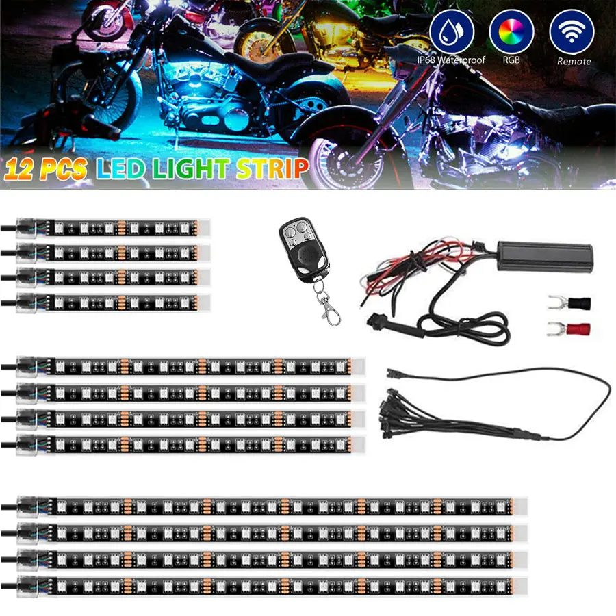 12pcs Motorcycle Underglow LED Strip Light Kit Waterproof RGB Neon Accent Lights Atmosphere Light DC 12V with APP Control for Cars Motorbike Trike Golf Carts Bikes