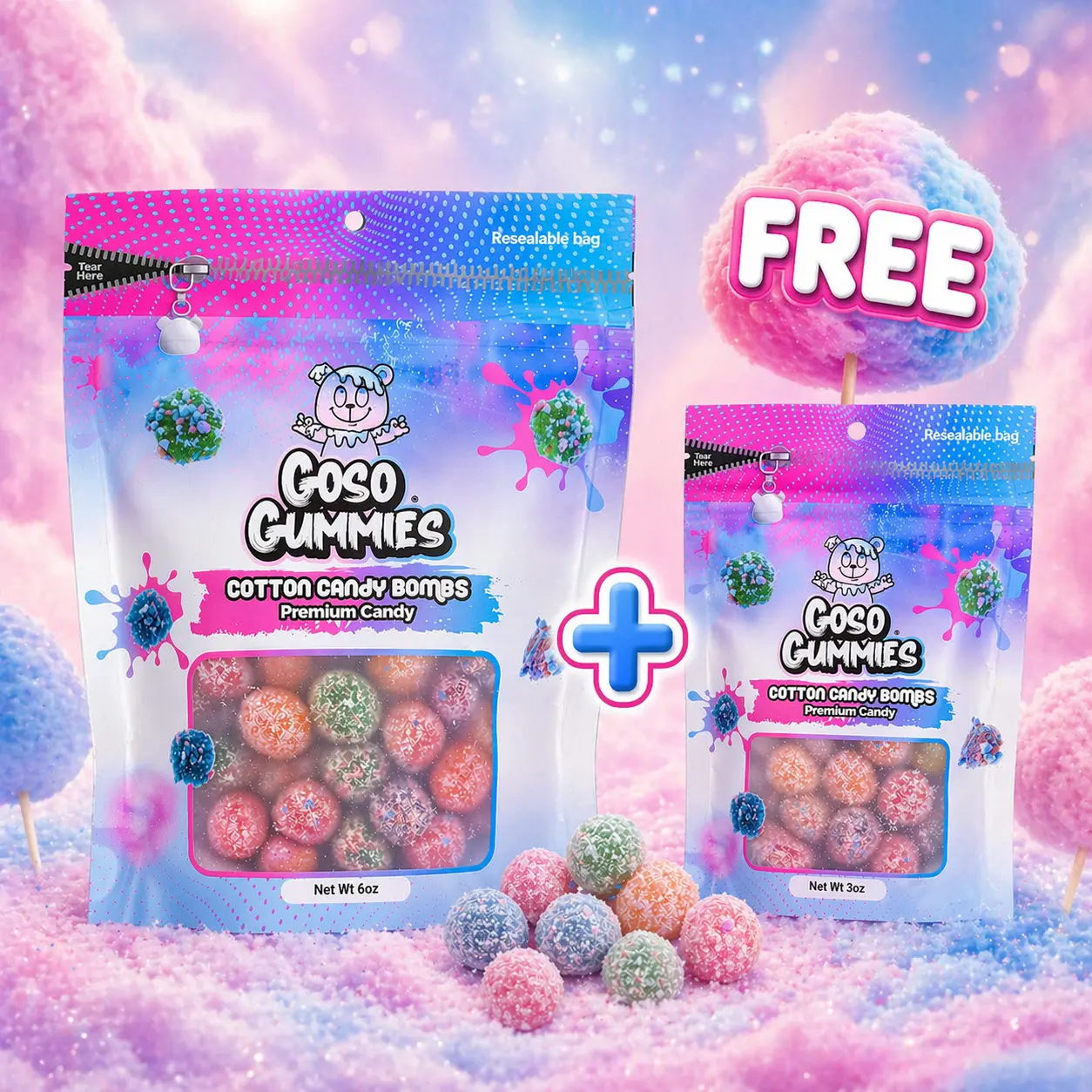 Goso Gummies Cotton Candy Gusher Bombs 6oz + FREE 3oz Bag | Gusher Bombs Candy Bundle | Sweet Chewy Cotton Candy Gummies | TikTok Viral Candy Deal