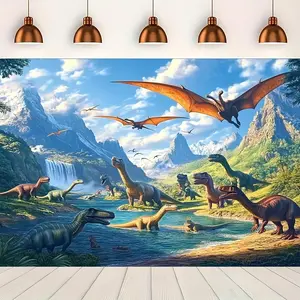 1PC 2D Flat Jurassic Dinosaur Theme Polyester Backdrop Banner, Reusable Children’s Party Decor Cloth, Kids’ Birthday Photography Background, Prehistoric World Scene Layout, Baby Room Wall Hanging, One-Piece
