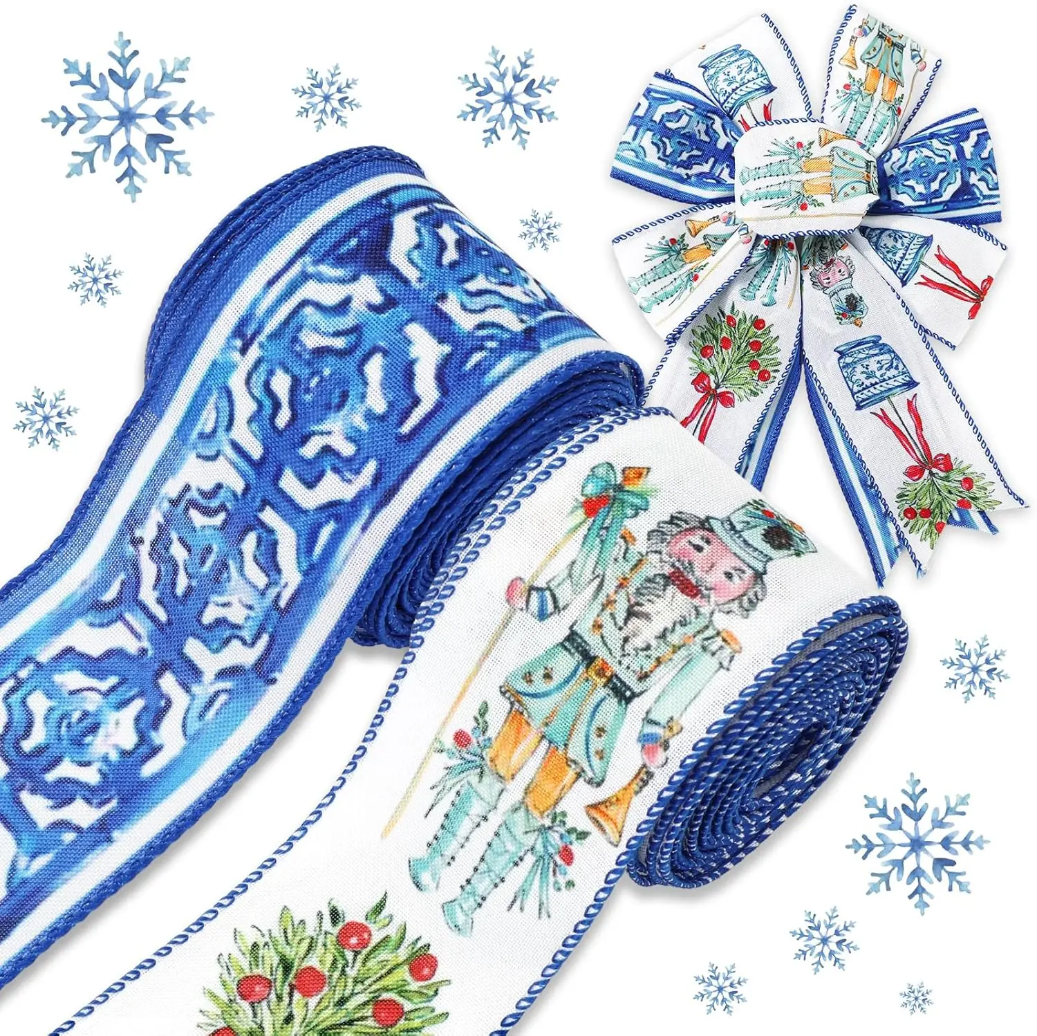 Christmas Wired Edge Ribbon Nutcracker Chinoiserie Craft Ribbons Fabric Ribbon for Winter Wreath Bow DIY Wrapping Party Decor, 2 Rolls, 20 Yard