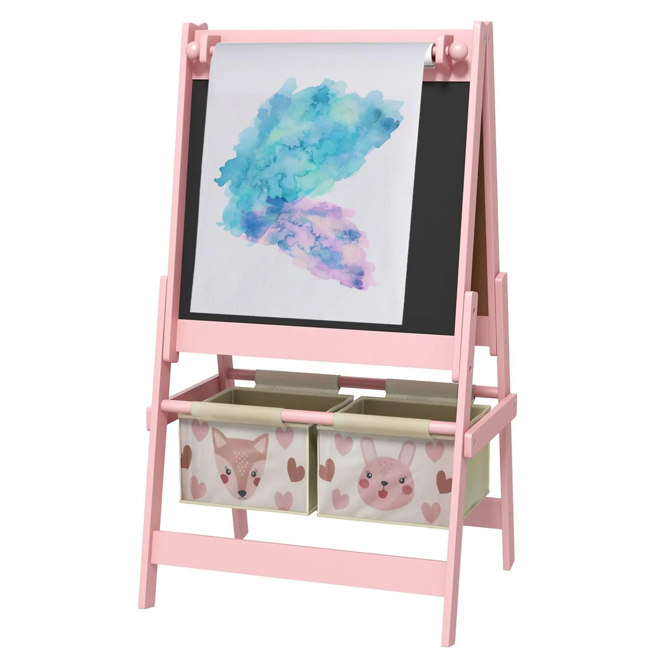 Kids Easel with Paper Roll, Blackboard, Whiteboard, Storage - Pink Art Drawing Board for Toddlers Ages 3-8