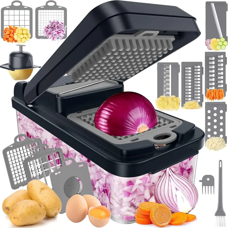 New Deal - 12-in-1 Vegetable Chopper, Kitchen Gadgets with 7 Blades, Veggie, Food, Onion Chopper, Cucumber Slicer, Versatile Mandoline, Includes Egg Separator & Finger Guard, Gray